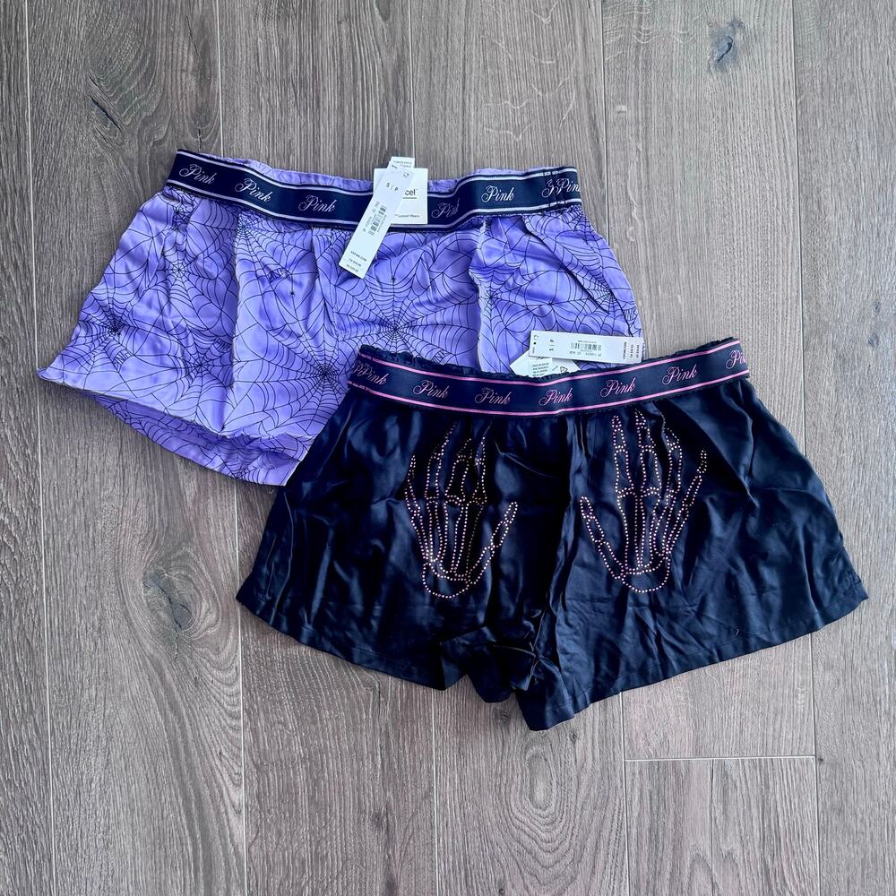 VS PINK 2025 Halloween Boxy Sleep Shorts Bundle Tencel Bling Skeleton Webs Small